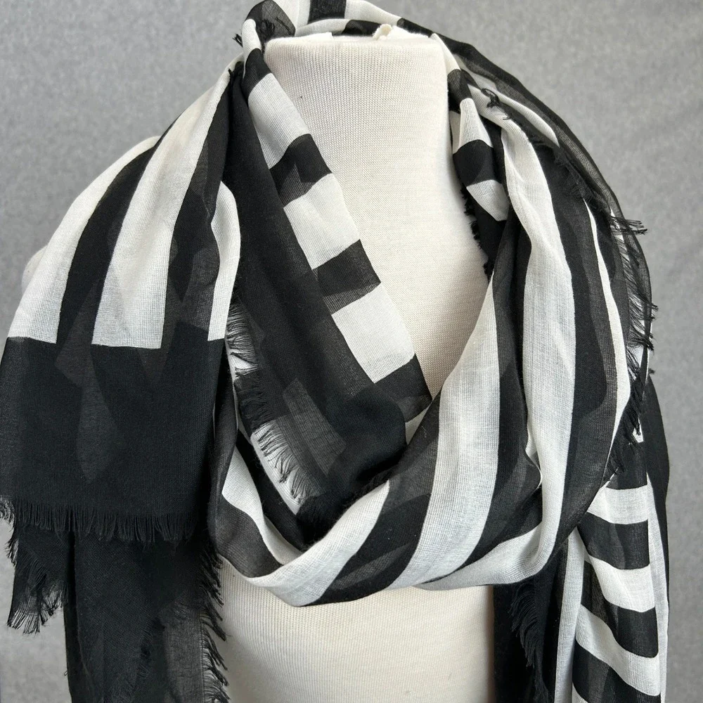 Vince Camuto Scarf Black White Geometric Striped Fringe Wrap 78